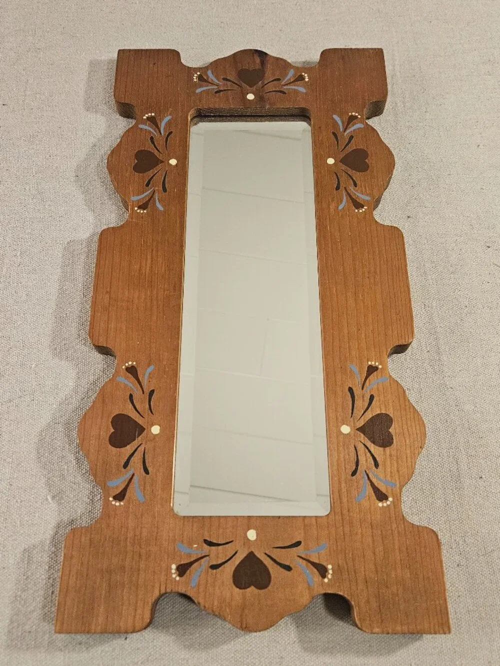 Vintage Folk Art Hand Painted Wooden Wall Mirror Scalloped Cottagecore Heart